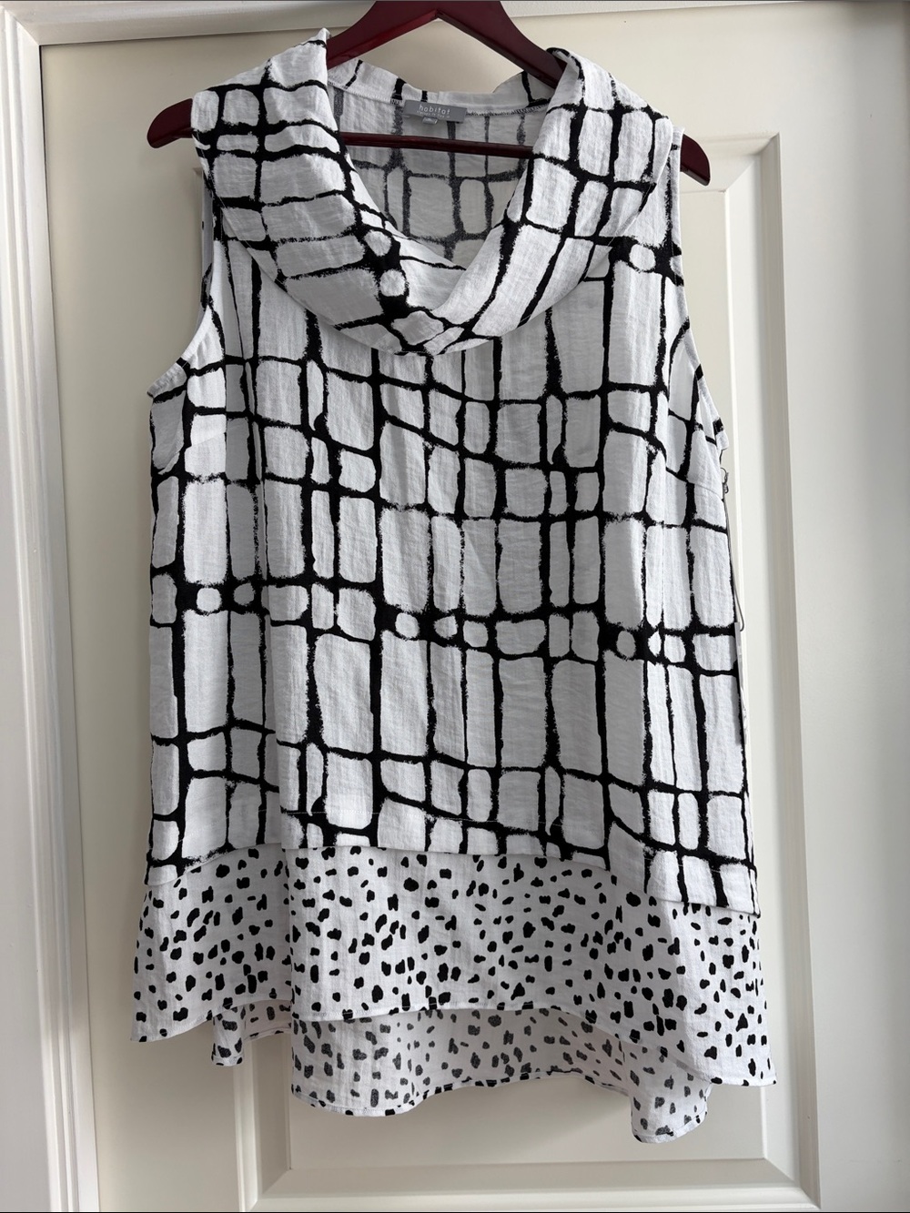 Habitat Black and White Sleeveless Cowl-Neck Grid Blouse